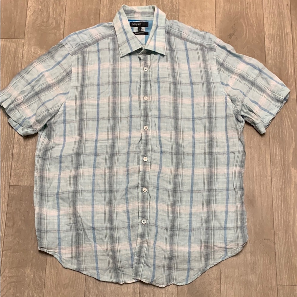 Mens‎ Autograph 100% Pure Flax Linen Stripe Plaid Button Up Shirt
